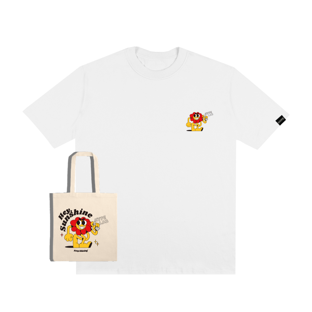 Combo Camiseta Overhype Hey Sunshine Branca + Ecobag